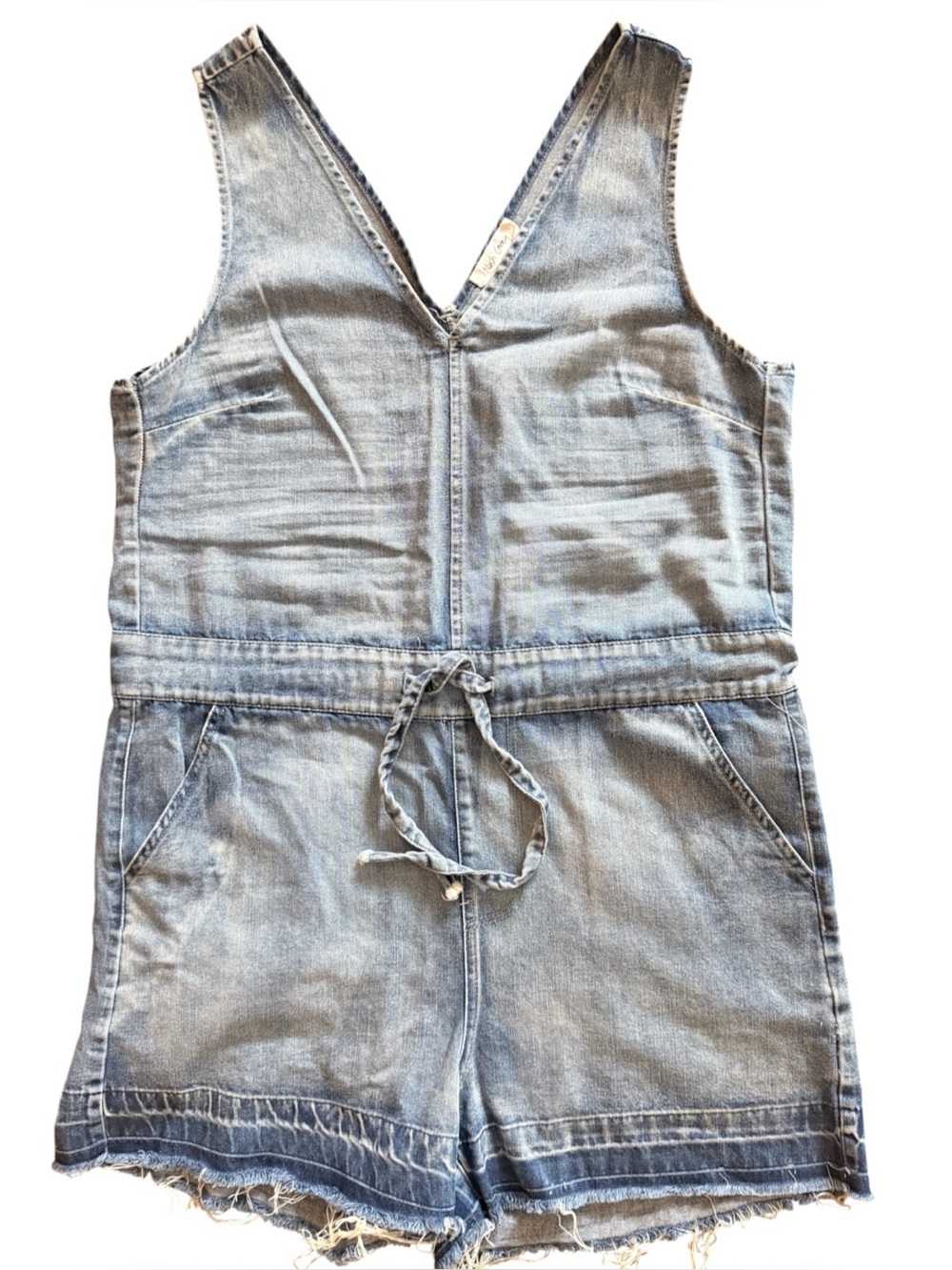 Nash Grey Denim Romper Shorts Cinched Adjustable Tie Waist Distressed Hems | GUC